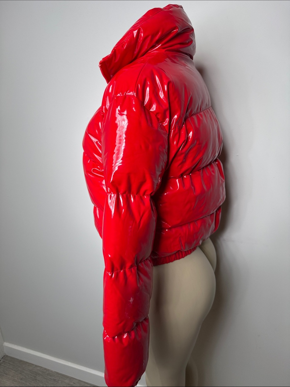 Glossy Red Cropped Puffer Jacket - Women - Picture 3 of 5